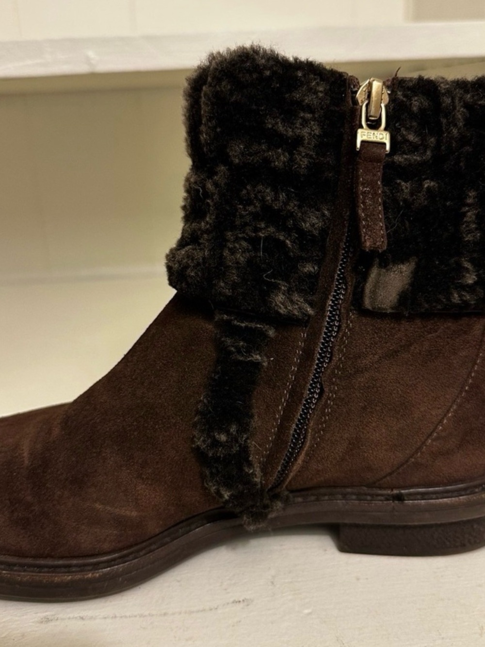 Fendi Zucca FF Logo Shearling Cuff Suede Ankle Boots Brown IT 36.5 US 5.5 - Picture 12 of 16